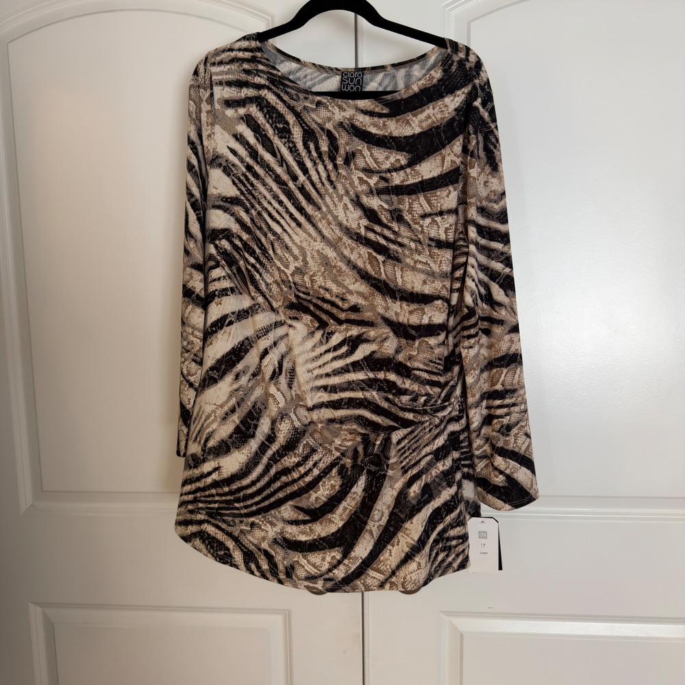 Clara Sunwoo Womens 1X Mixed Animal Print Zebra Snake Long Sleeve Tunic Top NWT